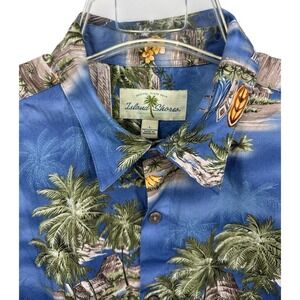 Island Shores Men's Large Blue Hawaiian Palm Tree Short Sleeve Button Up Shirt